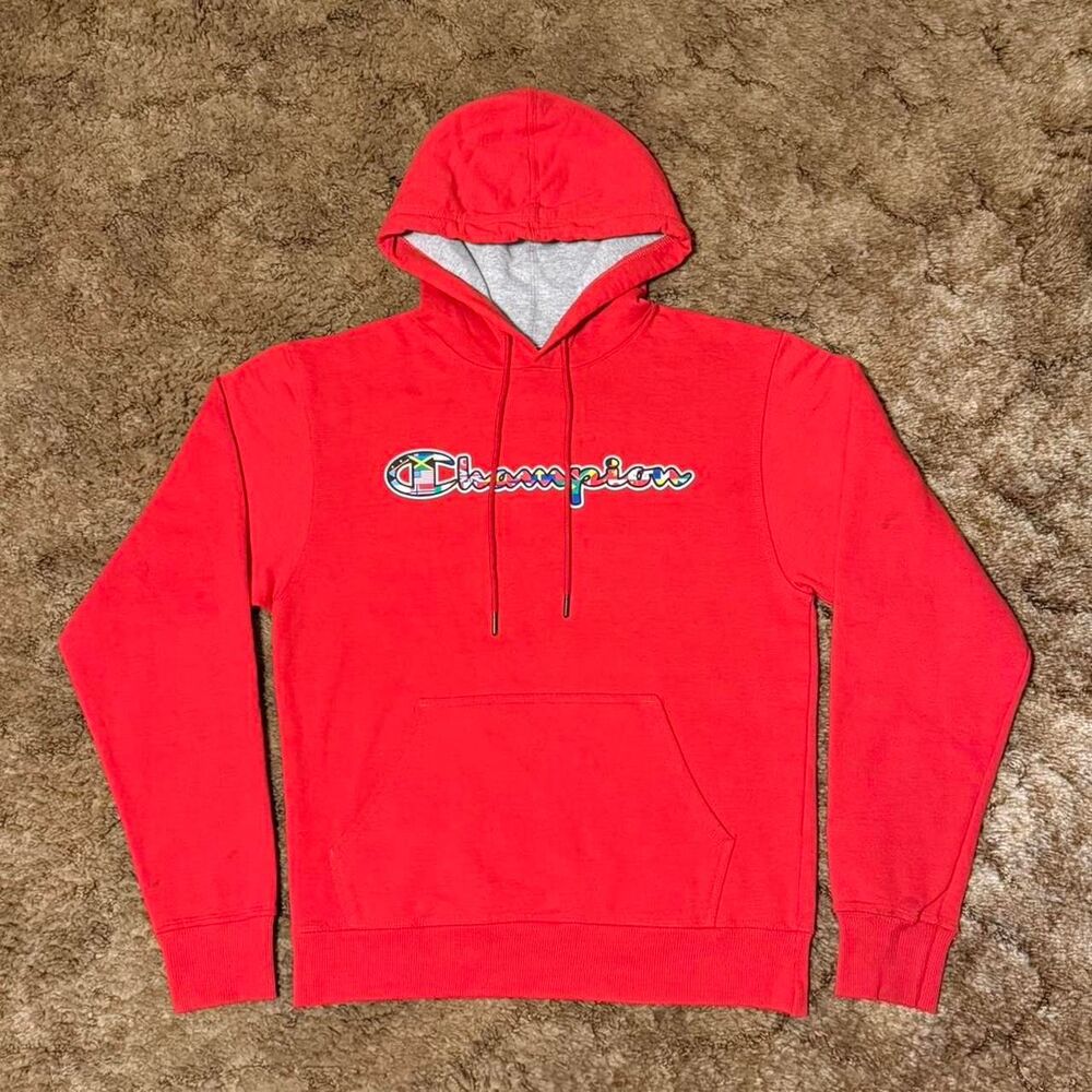 Champion Script Logo Pullover Hoodie Red Multicolor World Flag Graphic Small